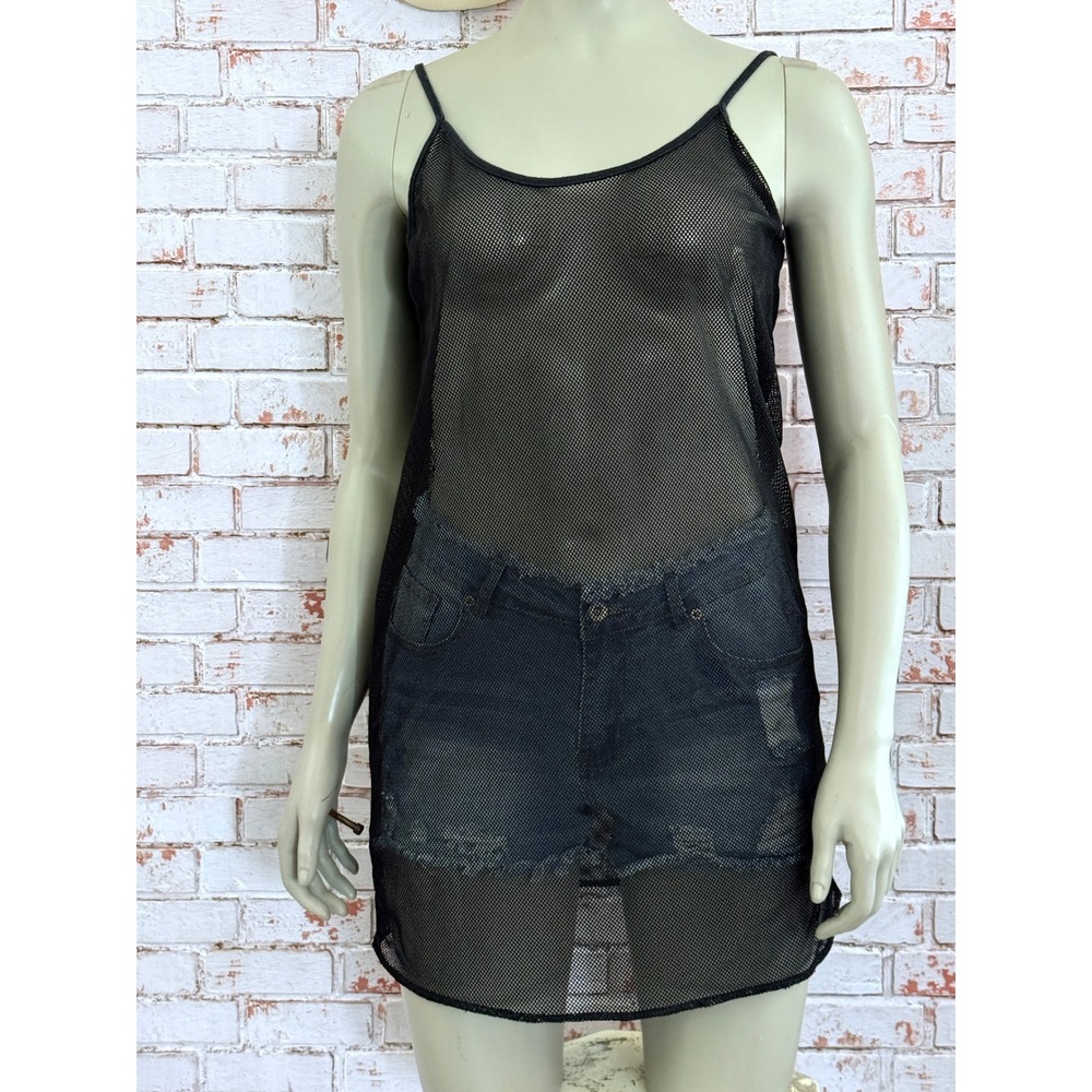 Vintage 90s Biaggio Black Mesh Mini Dress Sheer Fishnet Tunic Top Goth Y2K USA